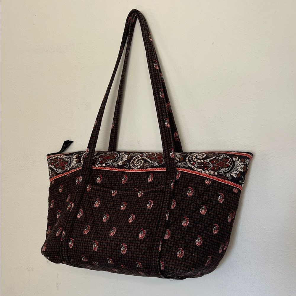 Vera Bradley Retired Vintage Brown Houndstooth Paisley XL Quilted Tote Zip Top
